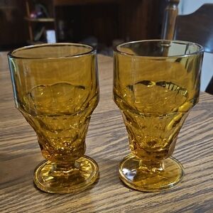 ANCHOR HOCKING Vintage 60s Topaz Amber Georgian Footed Iced Tea Glasses (2)